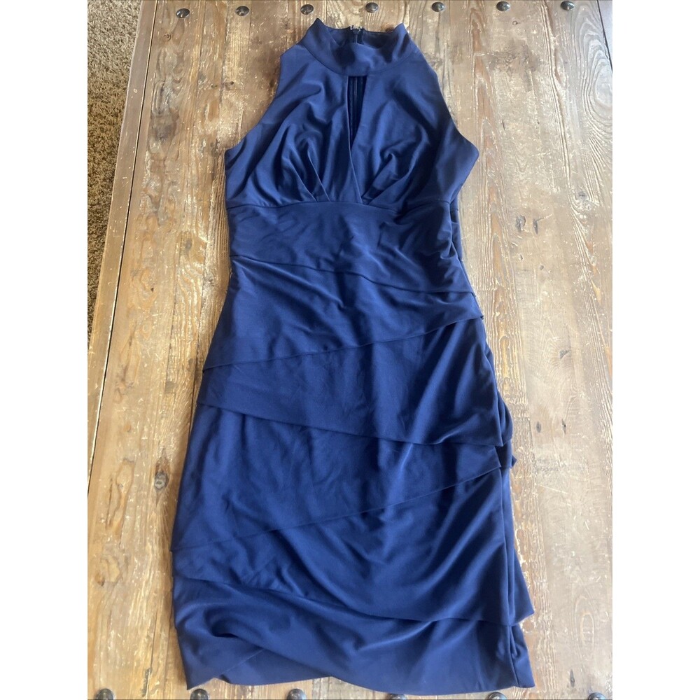 WHBM Instantly Slimming Dress Womens Sz 8 Navy Tiered Keyhole Neck Sheath